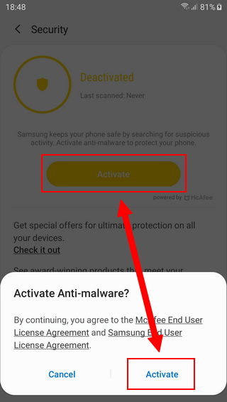 Activate antivirus Samsung Galaxy