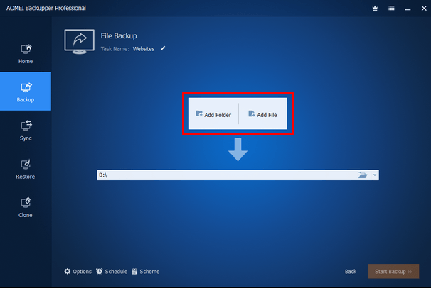 Add Folder and Add File buttons in AOMEI Backupper