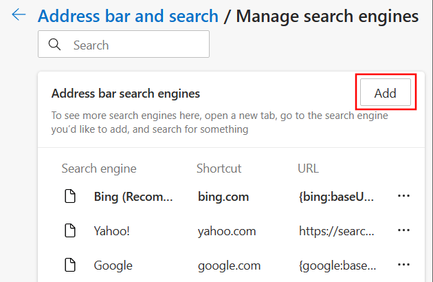 Add a new search engine button in Edge