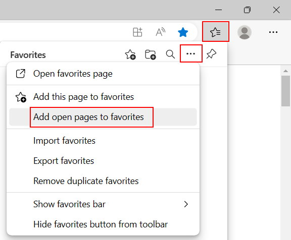 Add open pages to favorites in Microsoft Edge
