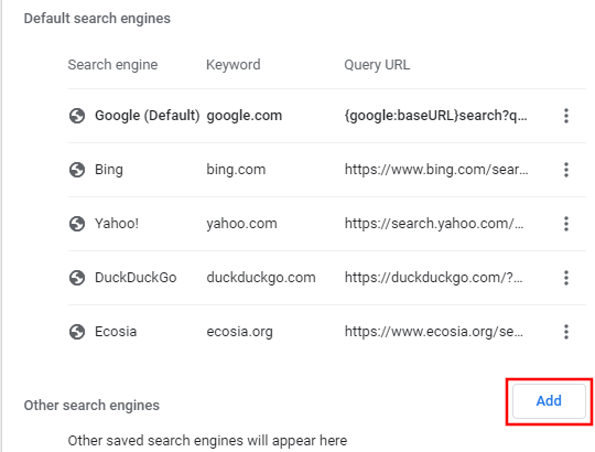 Add search engine button in Google Chrome