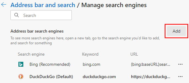 Add search engine button in Microsoft Edge