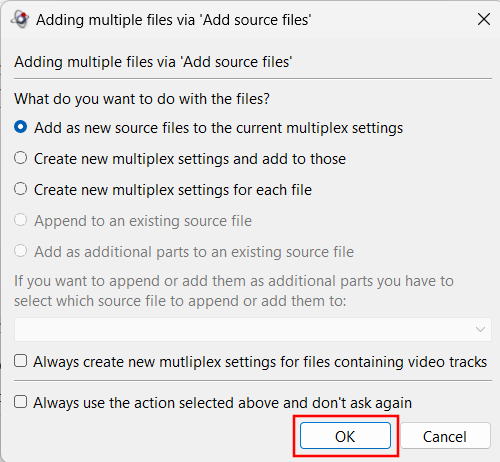 Adding multiple files options window