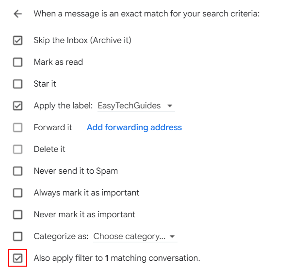 Also apply filter to ... matching conversations in Gmail