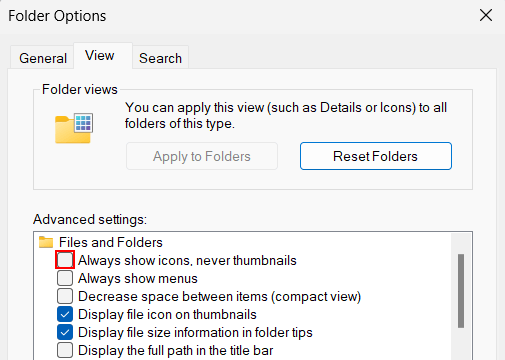 Always show icons, Never thumbnails setting