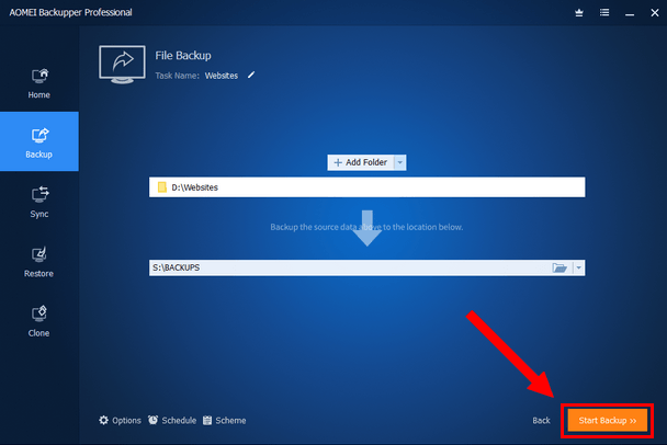 AOMEI Backupper Start Backup button