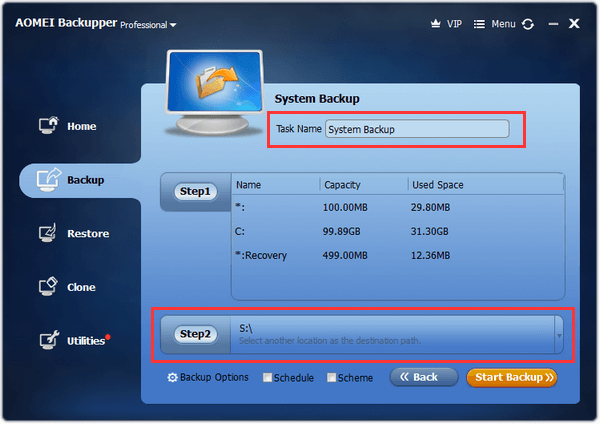 AOMEI Backupper system image backup settings