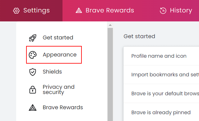 Appearance settings in Brave browser