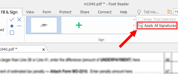 Apply All Signatures button in Foxit Reader