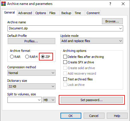 Archive format and Set password button in WinRAR