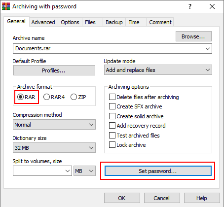 Archive format and Set password button in WinRAR