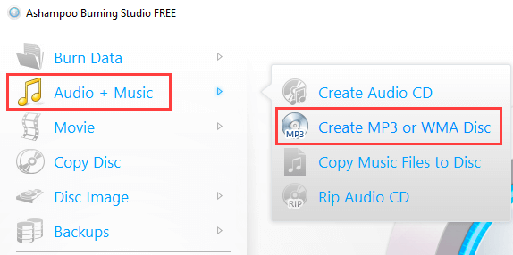 Ashampoo Burning Studio Free Create Mp3 or WMA Disc mode