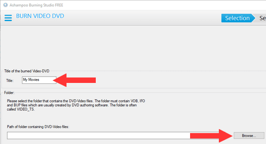 Ashampoo Burning Studio Free title of DVD and browse button