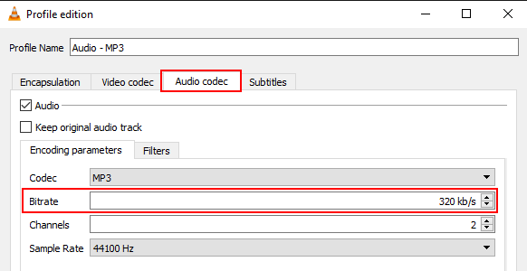 Audio codec settings in VLC media player