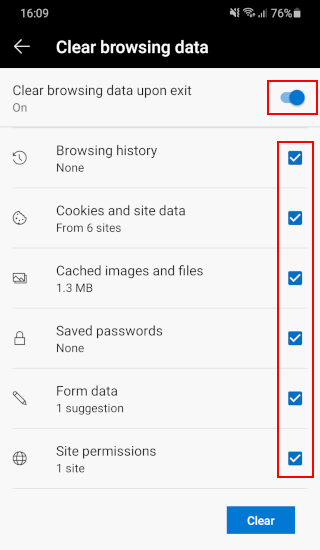 Automatically delete browsing data in Microsoft Edge on Android