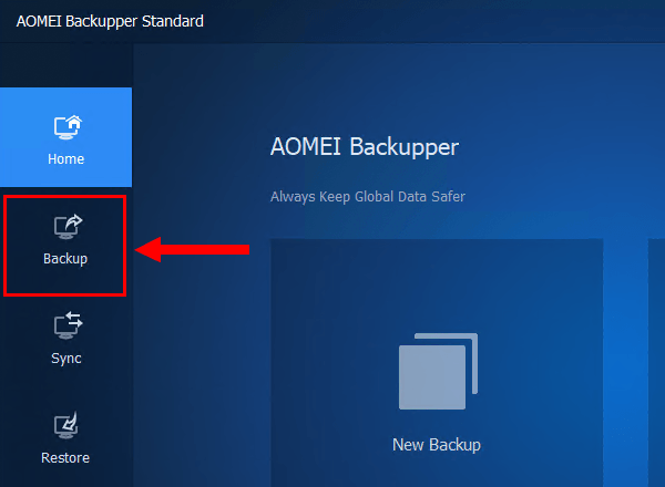 Backup button in AOMEI Backupper
