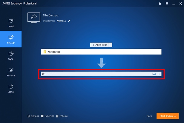 Backup location selection button in AOMEI Backupper