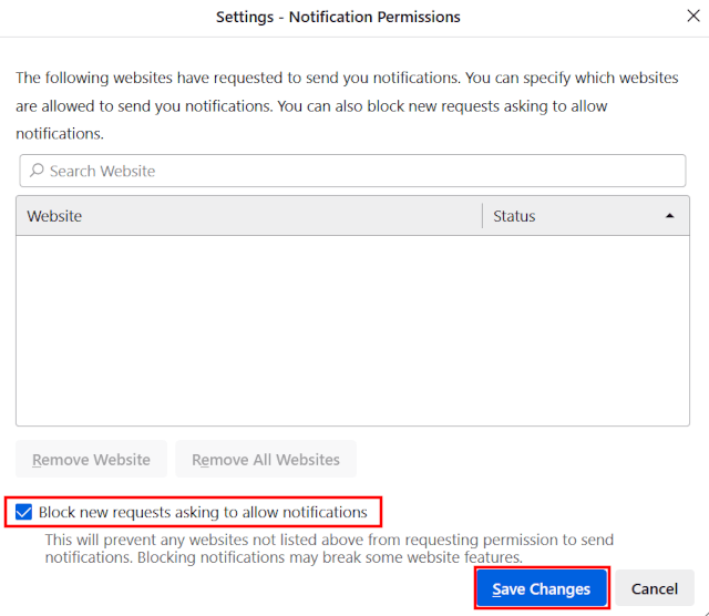 Block new requests asking to allow notifications in Firefox