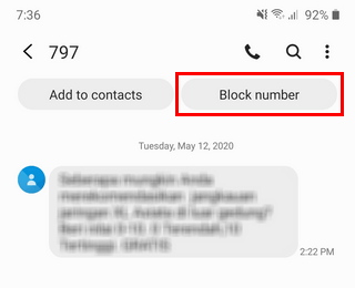 Block number option in Samsung Messages app