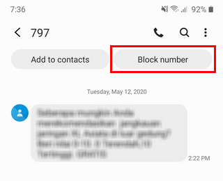 Option de numéro de bloc dans l'application Samsung Messages