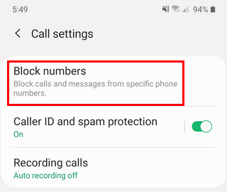 Block numbers setting on a Samsung phone