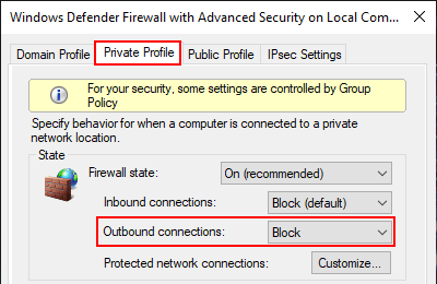 Block outbound connections with firewall in Windows 10 Private Profile