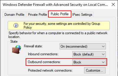 Block outbound connections with firewall in Windows 10 Public Profile