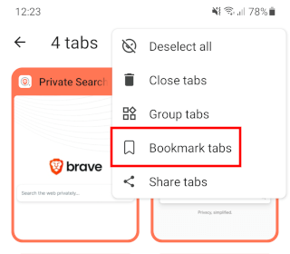Bookmark all open tabs in Brave browser on Android