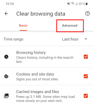 Brave browser Advanced browsing data tab