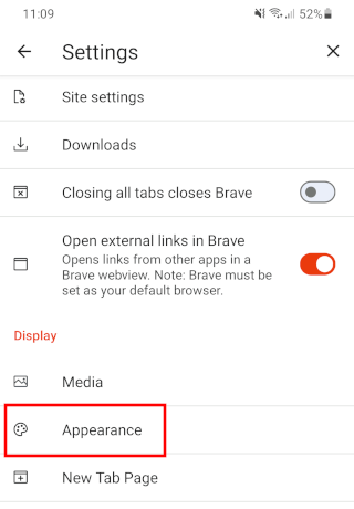 Brave browser Appearance settings on Android