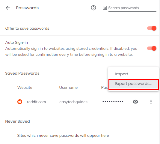 Brave browser export passwords option
