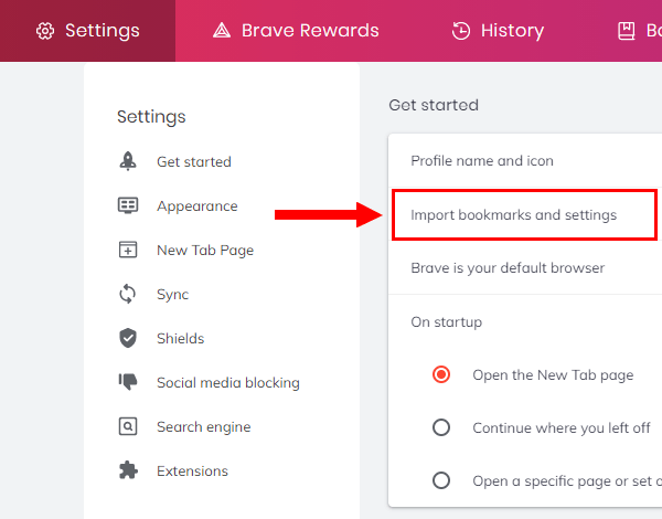 Brave browser Import bookmarks and settings option