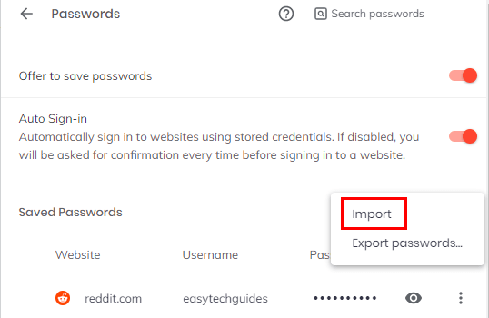 Brave browser import passwords option