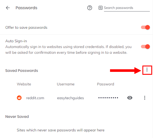 Brave browser saved passwords option button