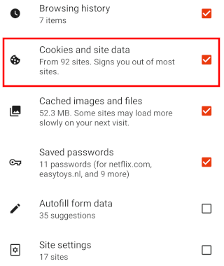 Brave browser select Cookies and site data and other browsing data