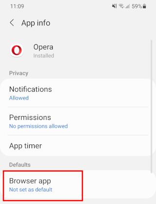 Browser app settings for Opera