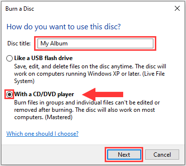 Burn a Disc window in Windows