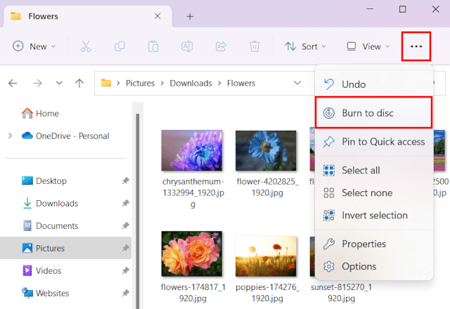 Burn to disc option in File Explorer