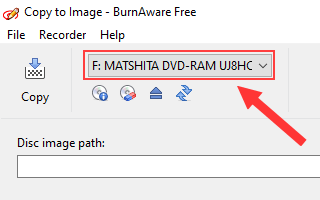 BurnAware optical disc drive selection menu