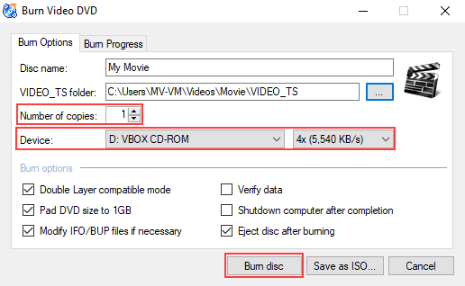 CDBurnerXP Burn Video DVD window