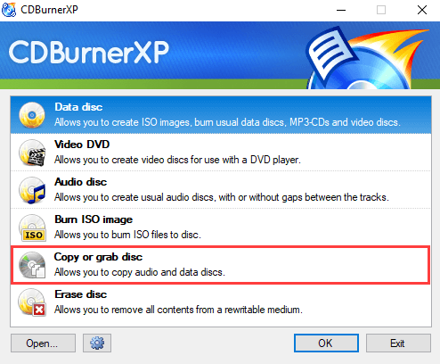 CDBurnerXP Copy or grab disc mode