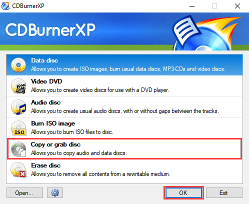 CDBurnerXP Copy or grab disc option