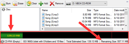 CDBurnerXP total estimated size on disc