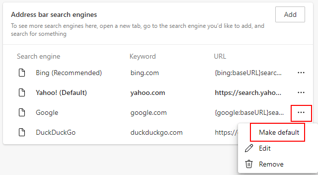 Change default search engine in Microsoft Edge