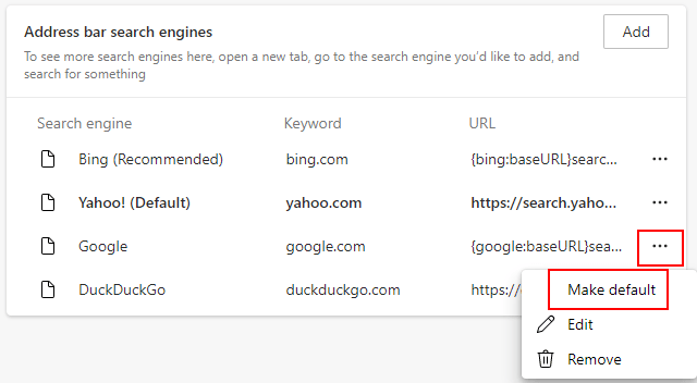 Modifier le moteur de recherche par défaut dans Microsoft Edge