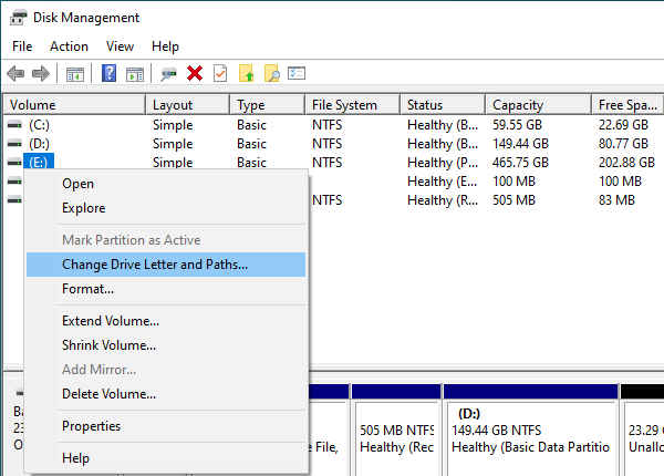 Change Drive Letter and Paths option in Disk Management in Windows 10