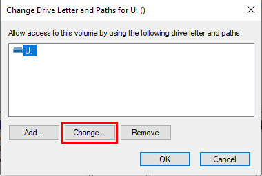 Change Drive Letter and Paths window in Windows 10