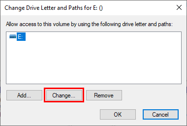 Change Drive Letter and Paths window in Windows Disk Management