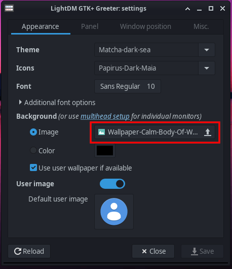 Change image button in LightDM GTK+ Greeter settings in Manjaro Linux