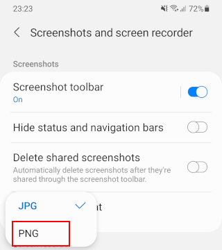 Change screenshot format from JPG to PNG on Android